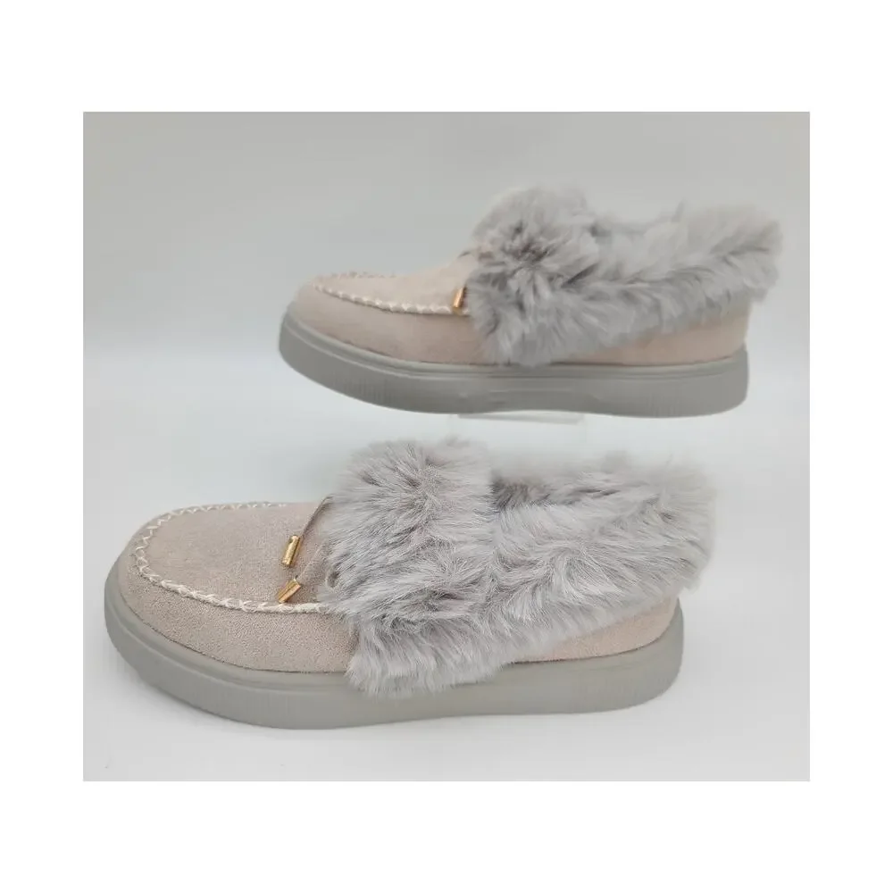 NWOT Rockomi Women's Sz 6 Gray Faux Fur Suede Slip-On Shoes Flats Comfort Casual